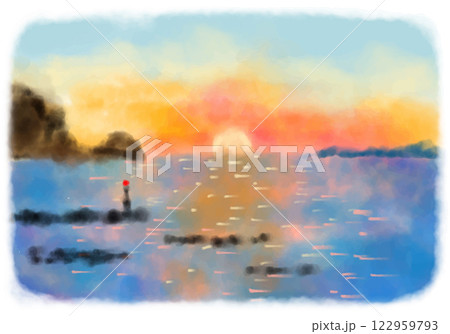 水彩画 風景画 夕陽2(原画) 悪