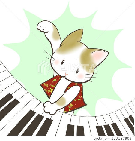 絵画。壁掛け原画【可愛い猫たちのロマンチックなピアノ演奏会】