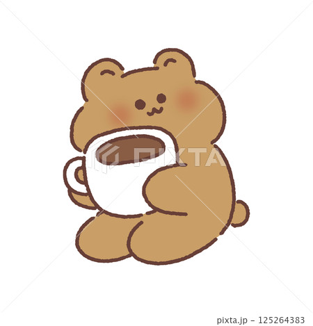 絵画。原画【コーヒーカップの熊ちゃんは喜んでコーヒーを飲み