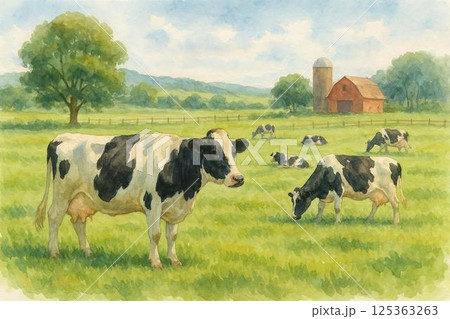 牛 牧場 牧草地 水彩画の写真素材 - PIXTA