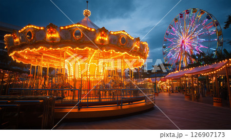メリーゴーランド 遊園地 イルミネーション 夕方の写真素材 - PIXTA
