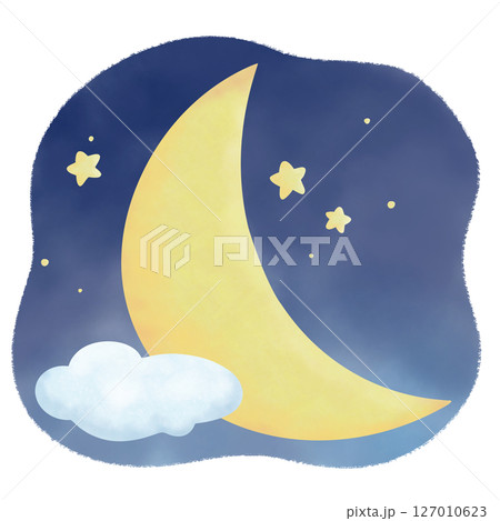 水彩 アート作品 三日月絵の具 moon 月 水彩 三日月の写真素材