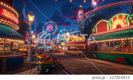 メリーゴーランド 遊園地 イルミネーション 夕方の写真素材 - PIXTA