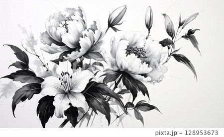 ユリの花 水墨画 額装済み 01f8919443797229c94c349dfa5f24
