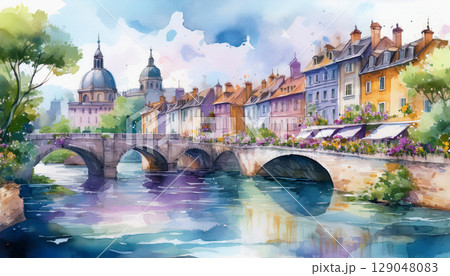 水彩画　イタリアの街並み 水彩 イタリア 風景 街並みのイラスト素材 - PIXTA