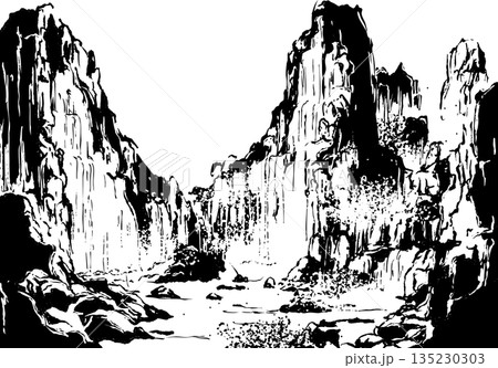 風景 月 川 水墨画のイラスト素材 - PIXTA