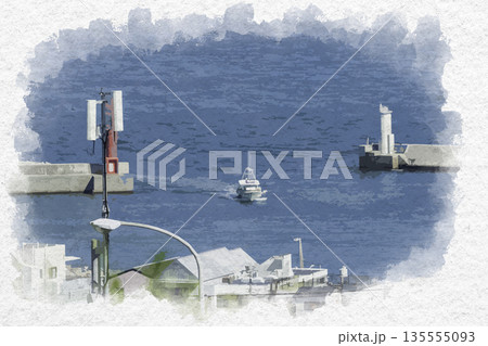 水彩画 漁港 漁船 風景画の写真素材 - PIXTA